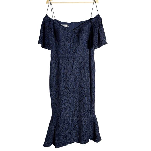 Rickie Freeman Teri Jon Navy Blue Off Shoulder Short Sleeve Midi Dress 14 - Picture 1 of 10